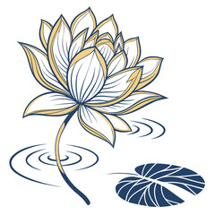 Stylized lotus flower line art vector with leaf and rippling water design