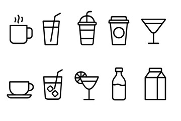 Beverage and drink line icon set. Vector outline pictograms for cafe menu, bar, web design. Coffee cup, tea, cocktail glass, juice, soda, milk bottle and carton symbols.