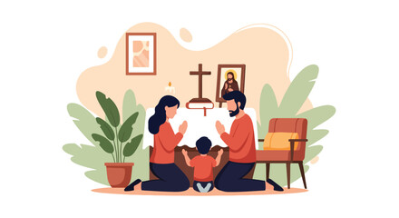 Flat style illustration of a family praying together at a home altar with a cross, Bible, candle, and holy images, symbolizing faith, devotion, and Christian spirituality at home