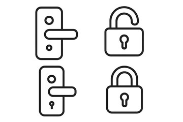 Lock and unlock line icon set. Padlock and door handle outline signs for graphic and web design. Security, safety, and access concept. Vector illustration for app, privacy.