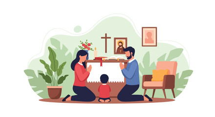 Flat style illustration of a family praying together at a home altar with a cross, Bible, candle, and holy images, symbolizing faith, devotion, and Christian spirituality at home
