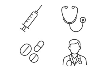 Medical and healthcare thin line icon set. Vector collection of simple outline symbols. Doctor, syringe for injection, stethoscope, pills. Hospital, clinic, pharmacy concept.