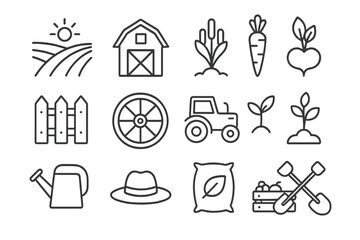 Farming and agriculture thin line icon set. Farm life outline symbols for graphic design. Organic food and harvest concept. Vector icons of barn, tractor, field, crop, vegetable.