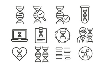 DNA genetics line icon set. Gene research, medical analysis, biology science, lab test, biotechnology concepts. Editable stroke vector icons for web, apps, and ux design.