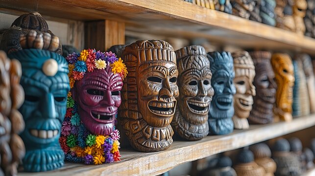 Vibrant Tiki Masks on Wooden Shelf Cultural Art from Hawaii with Closeup, and Selective Focus.