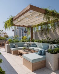 Outdoor patio seating area under a wooden pergola.