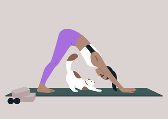 A person practices inverted V yoga on a mat, with a curious cat stretching alongside, The warm atmosphere and early morning light create a tranquil scene of connection and mindfulness