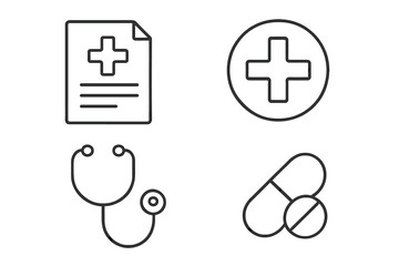 Obraz premium Medical icons set with stethoscope, pills, medical document, health cross symbol, healthcare and medicine concept in thin line style vector illustration design