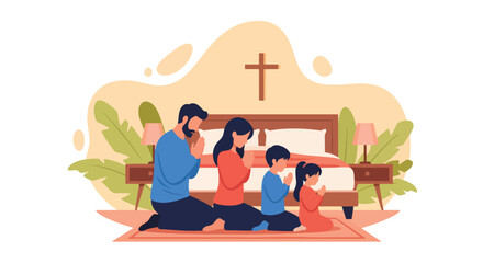 Flat style illustration of a family kneeling together in prayer by the bedside at home, symbolizing faith, devotion, unity, and Christian spirituality in daily life