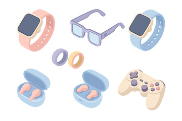 Isometric smart gadgets set with smartwatches, glasses, rings, wireless earbuds, and joystick in pastel colors, cartoon style vector illustration, transparent background, tech collection