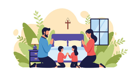 Flat style illustration of a family kneeling together in prayer by the bedside at home, symbolizing faith, devotion, unity, and Christian spirituality in daily life