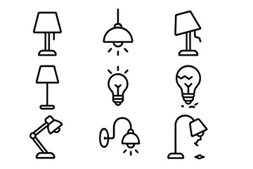 Modern outline style icons of lamps and broken lamps, cartoon vector illustration, design elements for cards, apps, social networks, transparent background, ordered set of lightbulbs and lamps