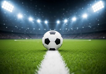 Naklejka premium Soccer ball on the field at night under stadium lights, ready for the game