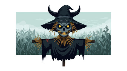 Spooky scarecrow in the cornfield: An eerie scarecrow with glowing eyes and a menacing grin stands guard in a moonlit cornfield, a symbol of Halloween terror.