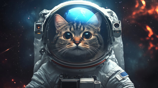Cosmic kitty in astronaut gear floats by Earth, bright visor and starry sky.