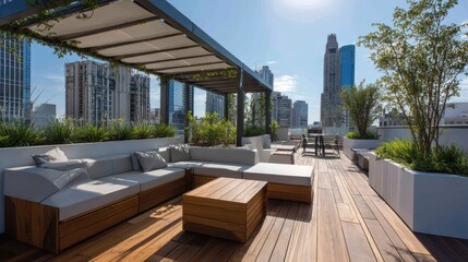 Rooftop seating area with city views.