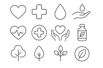 Minimalist line icon collection for health, care, and nature. Vector symbols for cardiology, medicine, wellness, natural products, ecology, and environment. Simple outline.