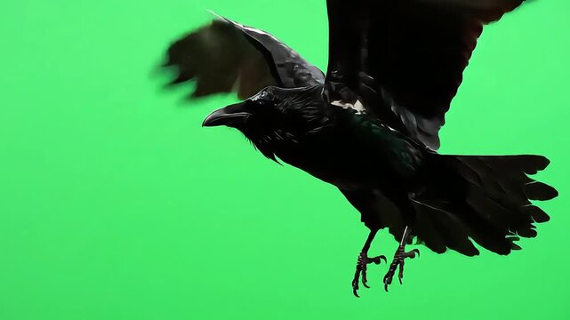A crow soaring against a vibrant green background, wings spread in graceful flight