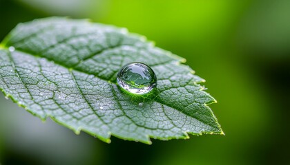A macro view of a glistening dew drop sitting atop a vibrant green leaf. Ultra-sharp detail captures the leaf's texture and the liquid's clarity against a naturally blurred backdrop.