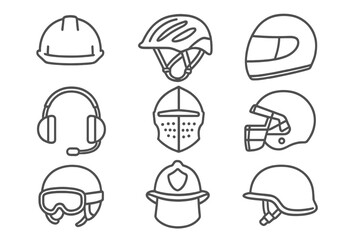 Helmet line icon set. Headgear protection symbols for construction, sport, work. Vector outline signs of hard hat, bike, motorcycle, football, firefighter and knight helmets.