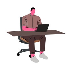 Flat Illustration of Man Sitting at Desk with Laptop in Office Workspace