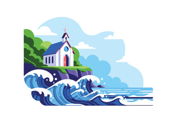 Flat style illustration of a coastal church on a cliff above ocean waves, symbolizing faith, spirituality, strength, and peace in a scenic seaside landscape