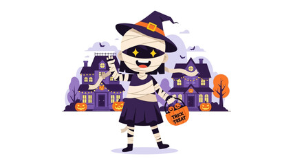 Halloween Costume with Trick or Treat: A charming cartoon character dressed in a Halloween mummy costume stands amidst a festive, slightly spooky village, holding a trick-or-treat bag.