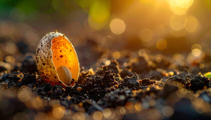 Eggshell in Soil at Sunrise