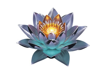 A radiant, glowing lotus flower, with metallic, iridescent petals, in shades of blue-gray and gold, centered against a pure black background.