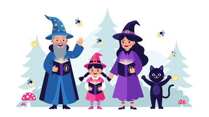Enchanting Gathering: A whimsical illustration of a wizard, witch, and children, gathered together. They have their enchanting books with some fireflies, in front of forest.