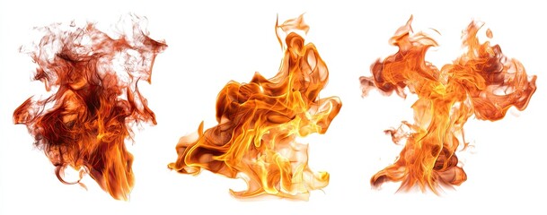 Abstract flames isolated against a white background.  Three separate, dynamic flame patterns, showcasing orange and yellow hues.  Each flame is unique, with swirling and textured shapes