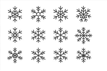 Set of 12 unique snowflake icons with thin editable strokes, winter elements collection, vector cartoon illustrations, perfect for websites, cards, books, apps, transparency included