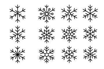 Snowflakes collection thin icons set with editable stroke for web, books, cards, apps, vector cartoon winter design, transparent background, ordered 4 styles