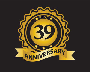 Fototapeta premium 39th Anniversary Golden Badge. Best Anniversary Seal with Ribbon. Vector Illustration on Black Background