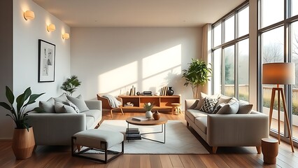 Fototapeta premium Modern living room with minimalist decor and warm lighting, creating a cozy and inviting home atmosphere.