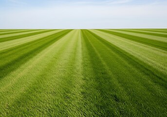 Obraz premium Striking Green Lawn with Mowed Stripes Under a Clear Blue Sky