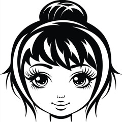 Black and white stylized face features large anime eyes and hair in a bun