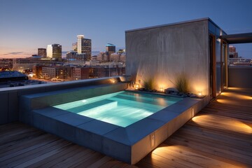 Rooftop jacuzzi with city view at twilight.