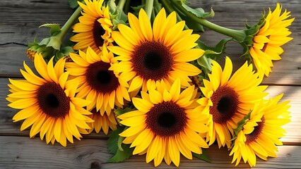 Fototapeta premium Close-up of vibrant sunflowers on a wooden surface, radiating warmth and rustic charm.