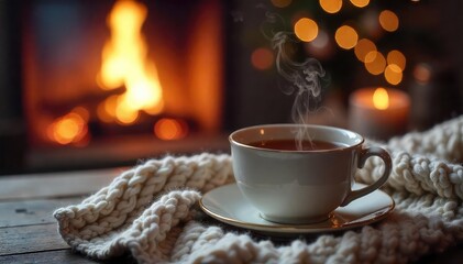 Obraz premium A steaming cup of tea on a cozy knit blanket, next to a crackling fireplace, evokes feelings of warmth and tranquility Perfect for winter comfort and relaxation themes , beverage, chill, stillness