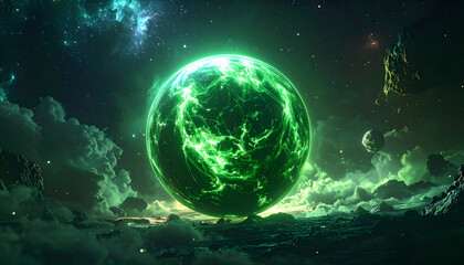 Obraz premium Glowing Green Planet Above Cloudscapes