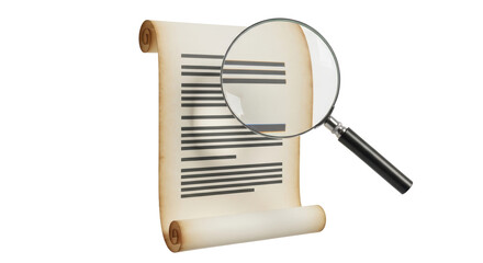 Isolated scroll with written text being examined with a magnifying glass, antique paper