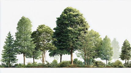 Lush green trees create vibrant natural scene, showcasing various species with rich foliage against clean white background. This evokes sense of tranquility and connection to nature