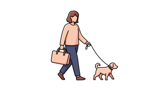 Isolated woman walks a dog on a leash while holding a briefcase, out for a leisurely stroll