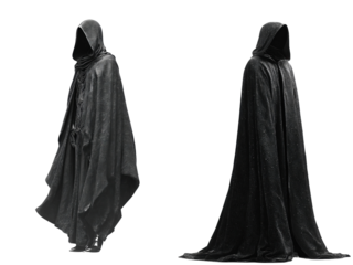 Mysterious figure cloaked in flowing black robe stands in dramatic pose, exuding aura of intrigue and enigma. dark fabric drapes elegantly, enhancing sense of shadow and secrecy