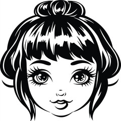 Black and white portrait showcases a smiling girl with expressive eyes and a hair bun