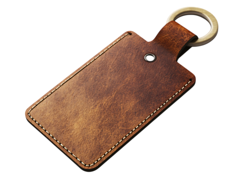 Brown leather luggage tag with metal ring isolated on transparent background