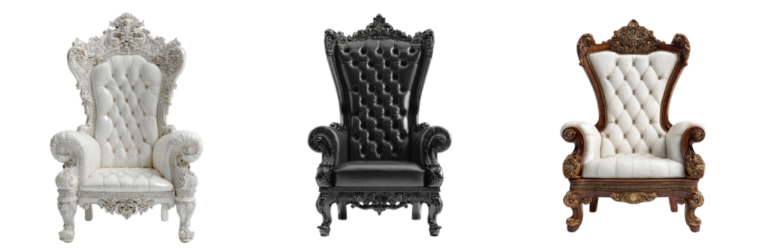 Luxurious throne chairs three distinct styles white ornate chair, black elegant chair, and brown vintage chair. Each piece showcases intricate detailing and plush upholstery, perfect for adding