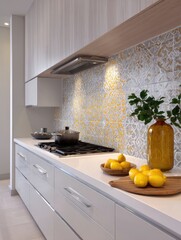 Modern kitchen with patterned backsplash and bright accents.