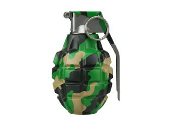 A realistic depiction of a military-style hand grenade, showcasing a camouflage pattern in green and beige, against a stark black background.